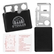 aerial view a stainless steel w/black pouch credit card multi tool, image 1 of 2