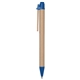 aerial view a natural paper barrel with blue trim eco friendly inspired click ballpoint pen - promotional pens, image 1 of 2