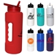 aerial view a group of 32 oz grip bottle with straw cap lid, image 1 of 10