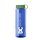aerial view a translucent blue bottle & green lid guzzler bottle with tethered lid - 32 oz, image 1 of 2