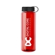 aerial view a translucent red bottle & black lid guzzler bottle with tethered lid - 32 oz, image 1 of 2