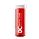 aerial view a translucent red bottle & white lid guzzler bottle with tethered lid - 32 oz, image 1 of 2