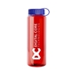 aerial view a translucent red bottle & royal blue lid guzzler bottle with tethered lid - 32 oz, image 1 of 2