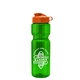 aerial view a translucent green bottle & orange lid & translucent frost infuser basket champ bottle with infuser and flip lid - 28 oz, image 1 of 2