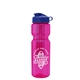 aerial view a translucent hot pink bottle & reflex blue lid & translucent frost infuser basket champ bottle with infuser and flip lid - 28 oz, image 1 of 2