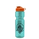 aerial view a translucent teal bottle & orange lid & translucent frost infuser basket champ bottle with infuser and flip lid - 28 oz, image 1 of 2