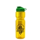 aerial view a translucent yellow bottle & green lid & translucent frost infuser basket champ bottle with infuser and flip lid - 28 oz, image 1 of 2
