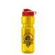 aerial view a translucent yellow bottle & red lid & translucent frost infuser basket champ bottle with infuser and flip lid - 28 oz, image 1 of 2