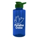 aerial view a translucent blue bottle & green lid mountaineer tritan(r) bottle with drink - thru lid - 36 oz, image 1 of 2