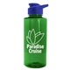 aerial view a translucent green bottle & royal blue lid mountaineer tritan(r) bottle with drink - thru lid - 36 oz, image 1 of 2
