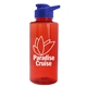 aerial view a translucent red bottle & royal blue lid mountaineer tritan(r) bottle with drink - thru lid - 36 oz, image 1 of 2