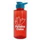 aerial view a translucent red bottle & cyan lid mountaineer tritan(r) bottle with drink - thru lid - 36 oz, image 1 of 2