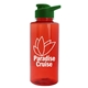 aerial view a translucent red bottle & green lid mountaineer tritan(r) bottle with drink - thru lid - 36 oz, image 1 of 2