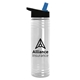 aerial view a clear bottle & black/blue lid slim water bottle, image 1 of 2