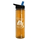 a translucent orange bottle & black/blue lid slim water bottle