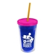 a translucent blue bottle & translucent pink lid & translucent orange straw 16 oz double - wall insulated transparent tumbler