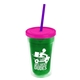 a translucent green bottle & translucent pink lid & translucent violet straw 16 oz double - wall insulated transparent tumbler