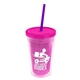 aerial view a translucent pink bottle & frost lid & translucent violet straw 16 oz double - wall insulated transparent tumbler, image 1 of 2