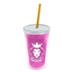 a translucent pink bottle & translucent pink lid & translucent orange straw 16 oz double - wall insulated transparent tumbler