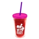 a translucent red bottle & frost lid & translucent violet straw 16 oz double - wall insulated transparent tumbler