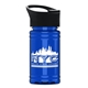 aerial view a black lid & translucent blue bottle mini rpet bottle with pop - up lid - 16 oz, image 1 of 2