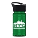 aerial view a black lid & translucent green bottle mini rpet bottle with pop - up lid - 16 oz, image 1 of 2