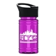 aerial view a black lid & translucent hot pink bottle mini rpet bottle with pop - up lid - 16 oz, image 1 of 2