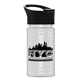 aerial view a black lid & white bottle mini rpet bottle with pop - up lid - 16 oz, image 1 of 2