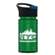 aerial view a black/blue lid & translucent green bottle mini rpet bottle with pop - up lid - 16 oz, image 1 of 2