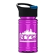 aerial view a black/blue lid & translucent hot pink bottle mini rpet bottle with pop - up lid - 16 oz, image 1 of 2