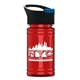 aerial view a black/blue lid & translucent red bottle mini rpet bottle with pop - up lid - 16 oz, image 1 of 2