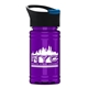 aerial view a black/blue lid & translucent violet bottle mini rpet bottle with pop - up lid - 16 oz, image 1 of 2