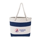 aerial view a blue navy cotton resort tote bag with rope handle, image 1 of 2