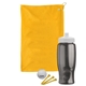 aerial view a athletic gold towel & smoke bottle & white lid tournament golf kit 6 piece, image 1 of 2