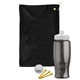 aerial view a black towel & smoke bottle & white lid tournament golf kit 6 piece, image 1 of 2