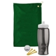 aerial view a green towel & smoke bottle & white lid tournament golf kit 6 piece, image 1 of 2
