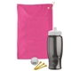 aerial view a hot pink towel & smoke bottle & white lid tournament golf kit 6 piece, image 1 of 2