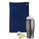 aerial view a navy blue towel & smoke bottle & white lid tournament golf kit 6 piece, image 1 of 2
