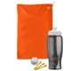 aerial view a orange towel & smoke bottle & white lid tournament golf kit 6 piece, image 1 of 2