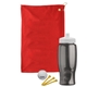 aerial view a red towel & smoke bottle & white lid tournament golf kit 6 piece, image 1 of 2