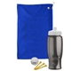 aerial view a royal blue towel & smoke bottle & white lid tournament golf kit 6 piece, image 1 of 2
