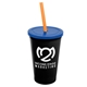 a black cup & translucent blue lid & translucent orange straw 22 oz single - wall snap on tumbler with lid and straw