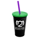 a black cup & translucent green lid & translucent violet straw 22 oz single - wall snap on tumbler with lid and straw
