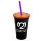 a black cup & translucent orange lid & translucent violet straw 22 oz single - wall snap on tumbler with lid and straw
