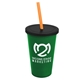 a green cup & black lid & translucent orange straw 22 oz single - wall snap on tumbler with lid and straw