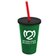 a green cup & black lid & translucent red straw 22 oz single - wall snap on tumbler with lid and straw