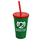 a green cup & translucent red lid & translucent red straw 22 oz single - wall snap on tumbler with lid and straw