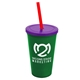 a green cup & translucent violet lid & translucent red straw 22 oz single - wall snap on tumbler with lid and straw