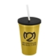 a metallic gold cup & black lid & frost straw 22 oz single - wall snap on tumbler with lid and straw
