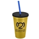 a metallic gold cup & black lid & translucent blue straw 22 oz single - wall snap on tumbler with lid and straw